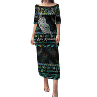 Personalised New Zealand Christmas Family Matching Puletasi Dress and Hawaiian Shirt Maori Fern Manaia Meri Kirihimete with Papaua Shell LT9 Mom's Dress Black - Polynesian Pride