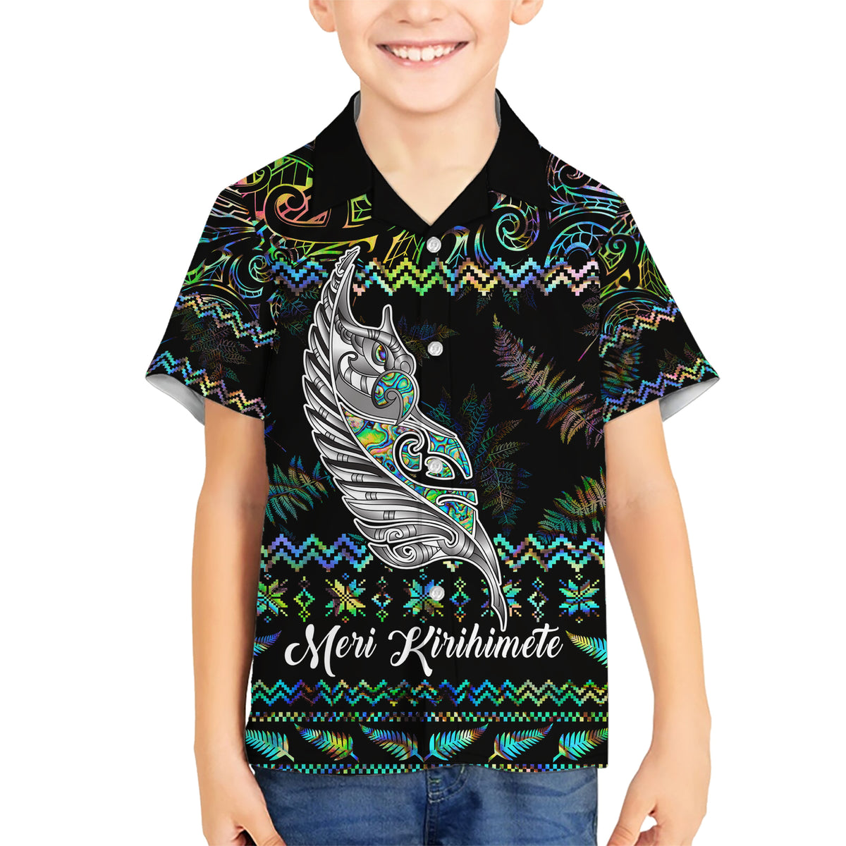 Personalised New Zealand Christmas Family Matching Short Sleeve Bodycon Dress and Hawaiian Shirt Maori Fern Manaia Meri Kirihimete with Papaua Shell LT9 Son's Shirt Black - Polynesian Pride