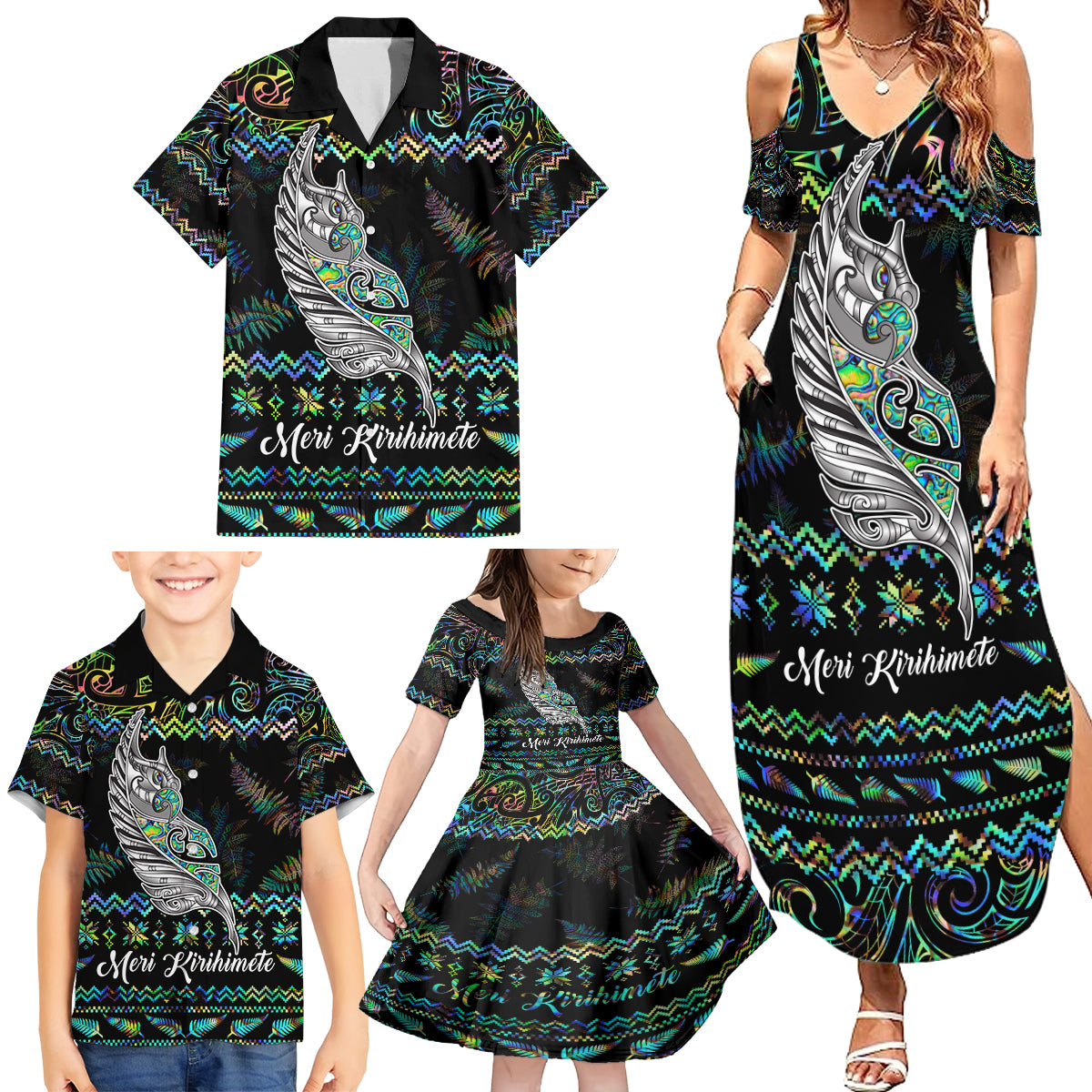 Personalised New Zealand Christmas Family Matching Summer Maxi Dress and Hawaiian Shirt Maori Fern Manaia Meri Kirihimete with Papaua Shell LT9 - Polynesian Pride