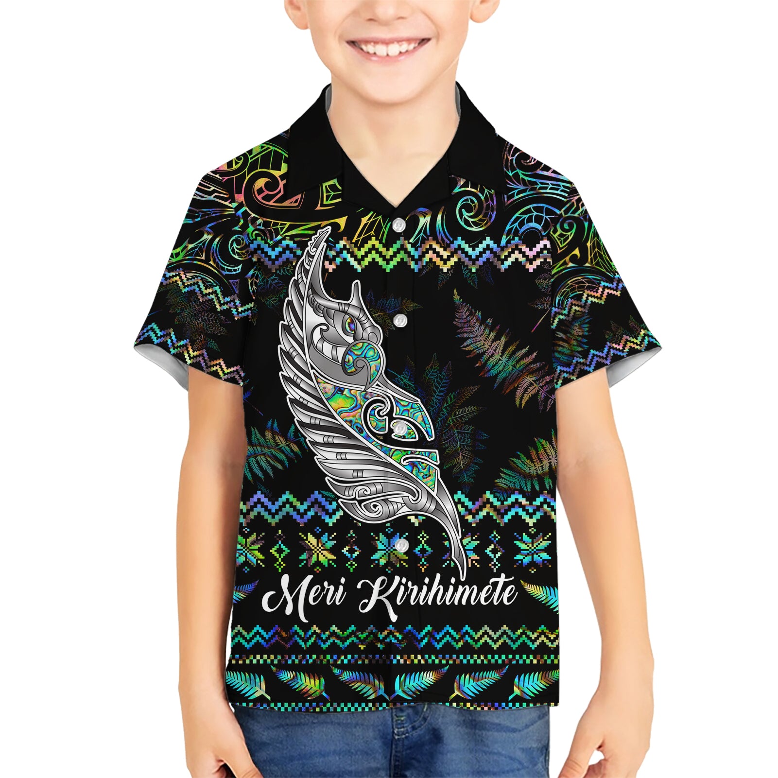 Personalised New Zealand Christmas Kid Hawaiian Shirt Maori Fern Manaia Meri Kirihimete with Papaua Shell LT9 Kid Black - Polynesian Pride