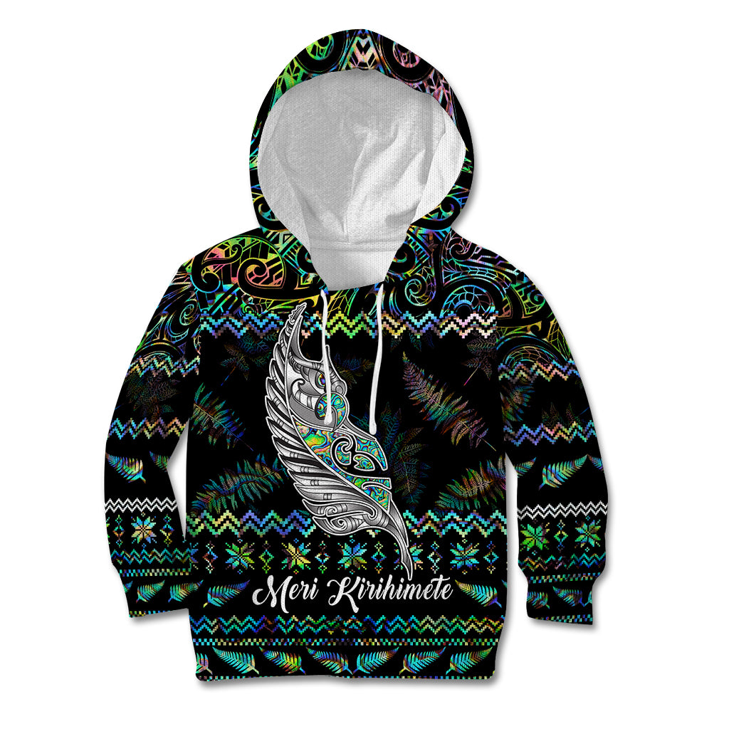 Personalised New Zealand Christmas Kid Hoodie Maori Fern Manaia Meri Kirihimete with Papaua Shell LT9 Hoodie Black - Polynesian Pride