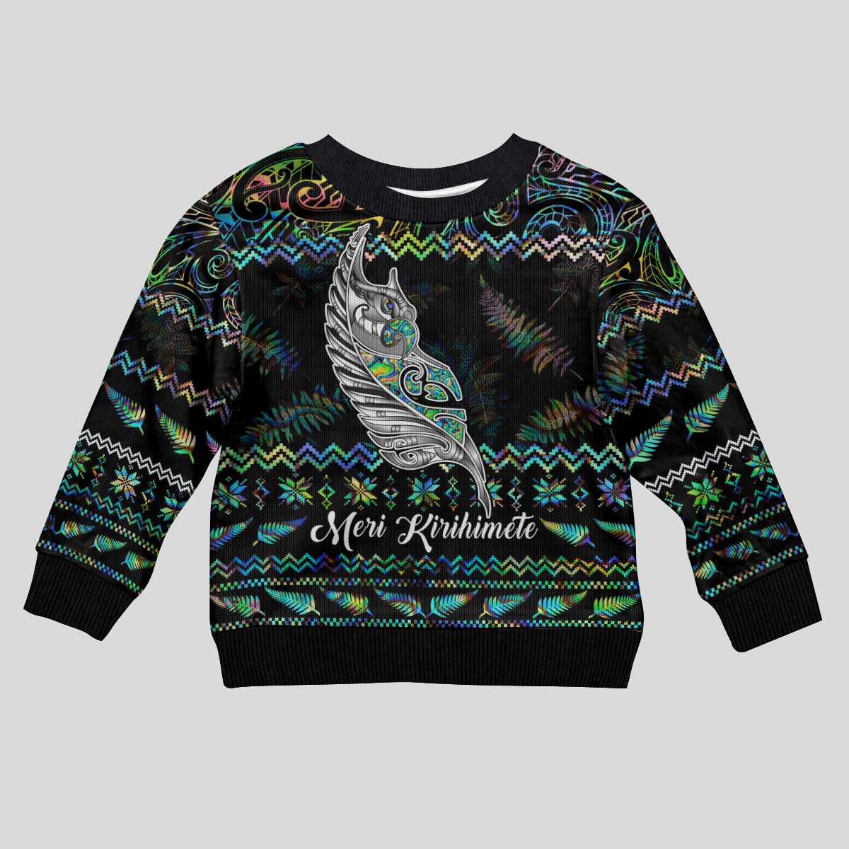 Personalised New Zealand Christmas Kid Ugly Christmas Sweater Maori Fern Manaia Meri Kirihimete with Papaua Shell LT9 Kid Black - Polynesian Pride