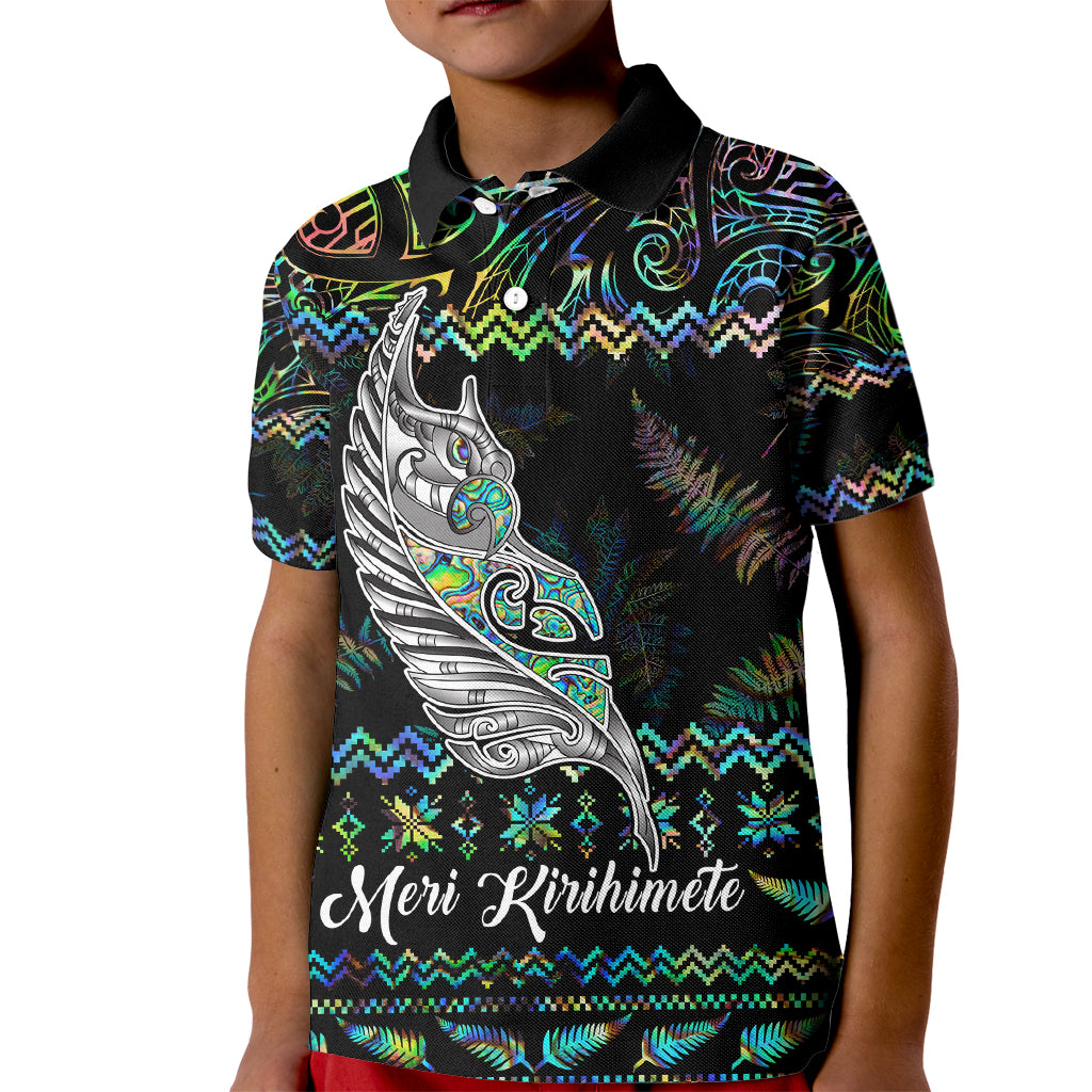 Personalised New Zealand Christmas Kid Polo Shirt Maori Fern Manaia Meri Kirihimete with Papaua Shell LT9 Kid Black - Polynesian Pride