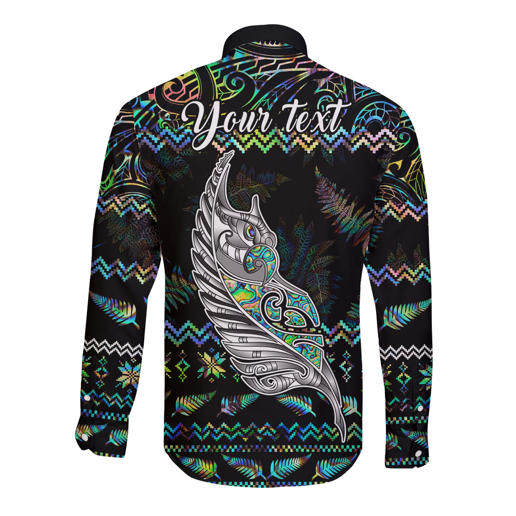 Personalised New Zealand Christmas Long Sleeve Button Shirt Maori Fern Manaia Meri Kirihimete with Papaua Shell LT9 - Polynesian Pride