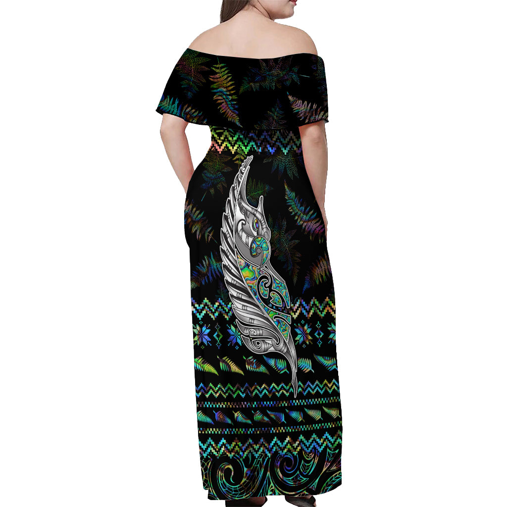 Personalised New Zealand Christmas Off Shoulder Maxi Dress Maori Fern Manaia Meri Kirihimete with Papaua Shell LT9 - Polynesian Pride
