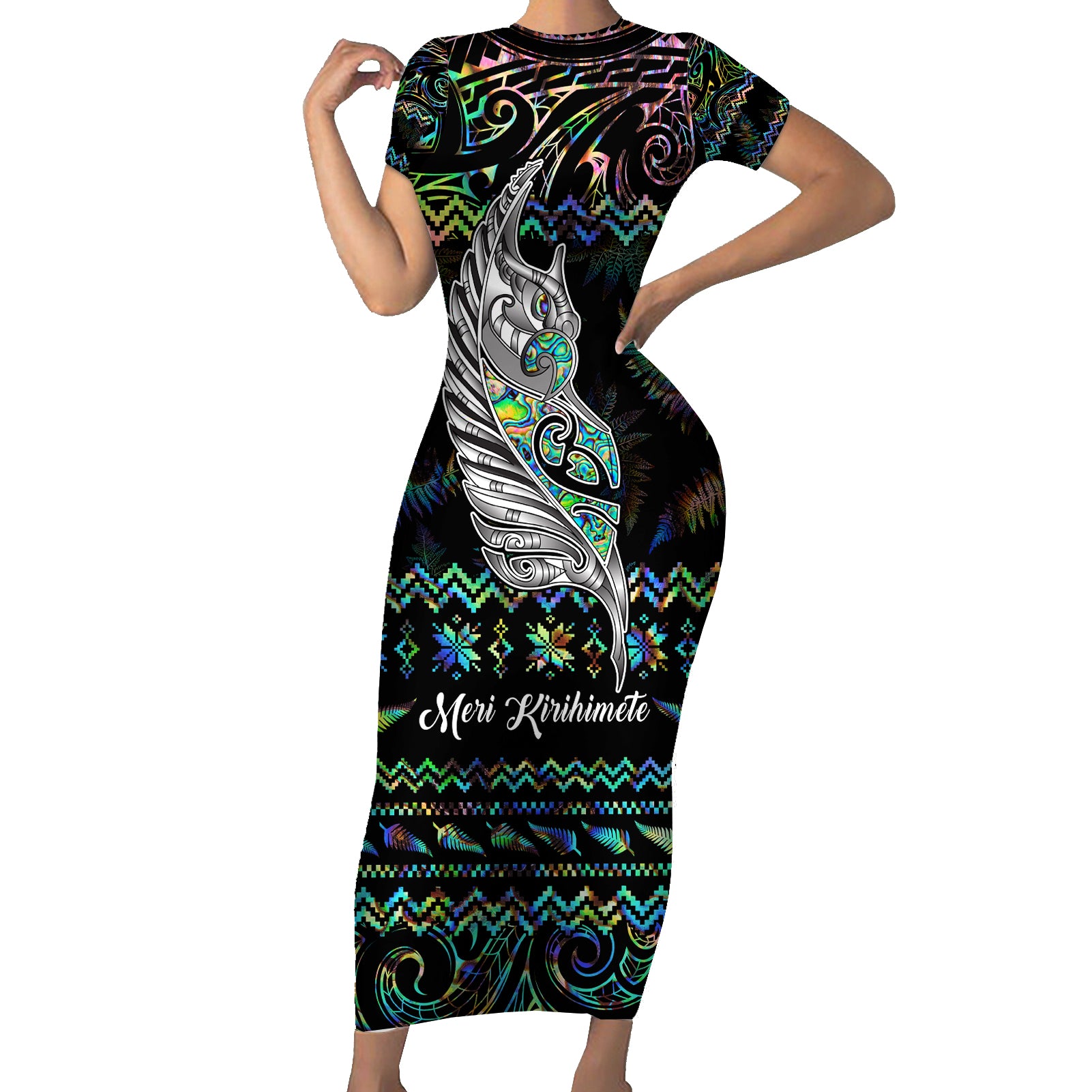 Personalised New Zealand Christmas Short Sleeve Bodycon Dress Maori Fern Manaia Meri Kirihimete with Papaua Shell LT9 Long Dress Black - Polynesian Pride