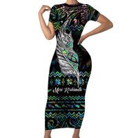 Personalised New Zealand Christmas Short Sleeve Bodycon Dress Maori Fern Manaia Meri Kirihimete with Papaua Shell LT9 Long Dress Black - Polynesian Pride