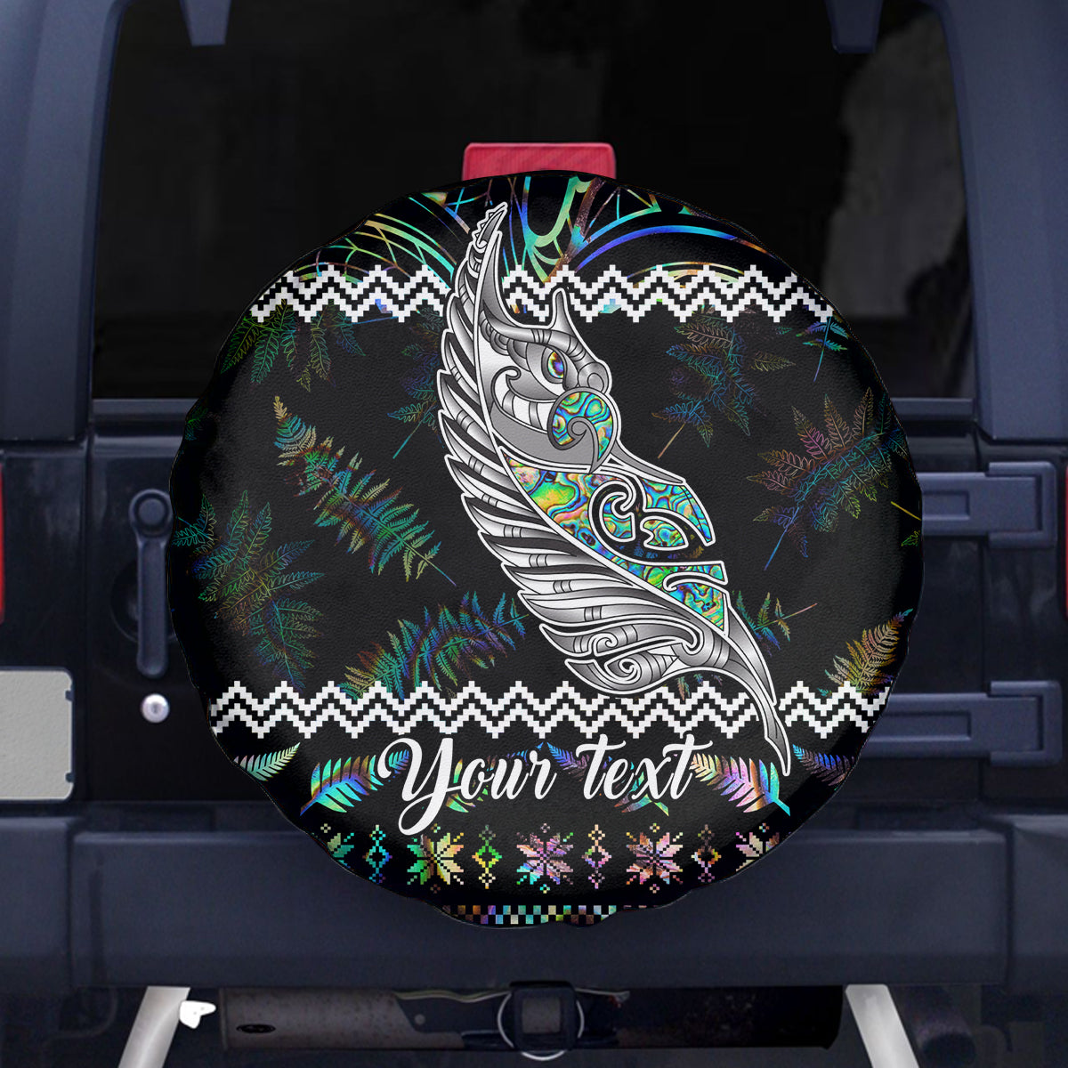 Personalised New Zealand Christmas Spare Tire Cover Maori Fern Manaia Meri Kirihimete with Papaua Shell LT9 Black - Polynesian Pride