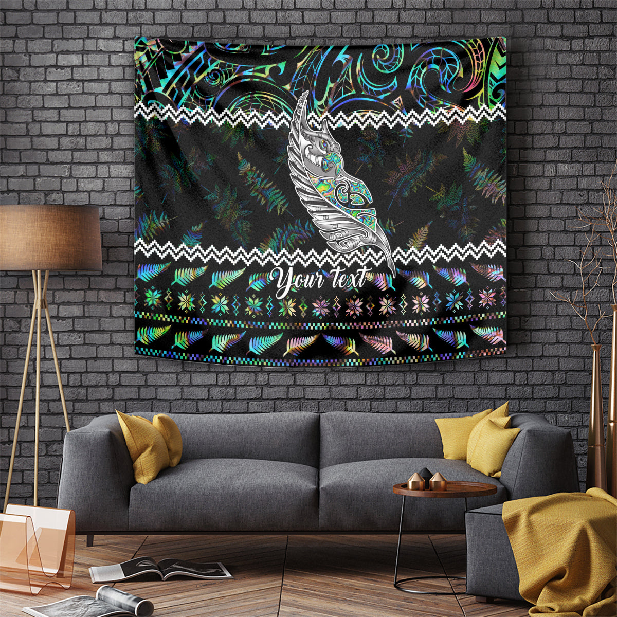 Personalised New Zealand Christmas Tapestry Maori Fern Manaia Meri Kirihimete with Papaua Shell LT9 Black - Polynesian Pride