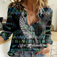Personalised New Zealand Christmas Women Casual Shirt Maori Fern Manaia Meri Kirihimete with Papaua Shell LT9 Female Black - Polynesian Pride