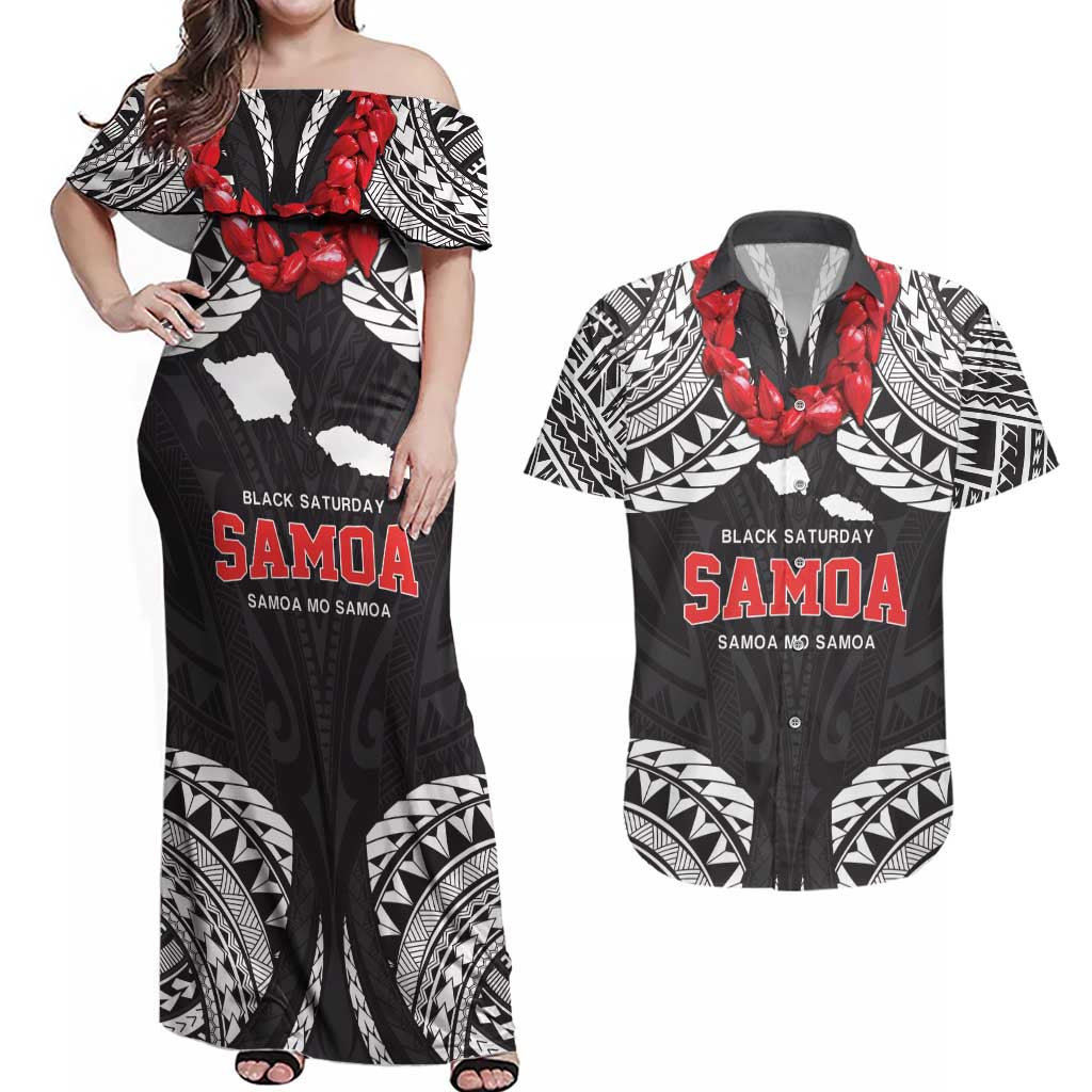 Samoa Black Saturday Couples Matching Off Shoulder Maxi Dress and Hawaiian Shirt Samoa mo Samoa with Black Ula Fala