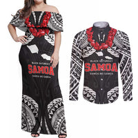 Samoa Black Saturday Couples Matching Off Shoulder Maxi Dress and Long Sleeve Button Shirt Samoa mo Samoa with Black Ula Fala