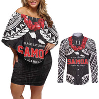 Samoa Black Saturday Couples Matching Off Shoulder Short Dress and Long Sleeve Button Shirt Samoa mo Samoa with Black Ula Fala