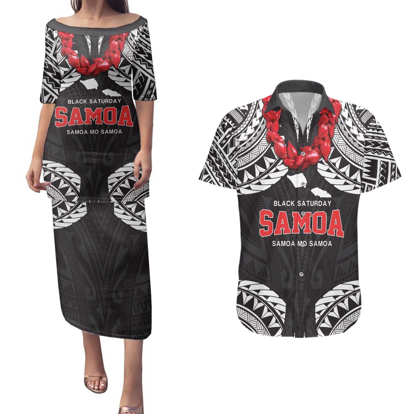 Samoa Black Saturday Couples Matching Puletasi and Hawaiian Shirt Samoa mo Samoa with Black Ula Fala