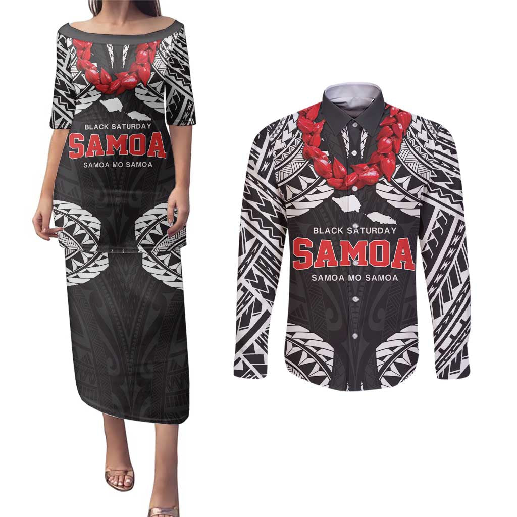 Samoa Black Saturday Couples Matching Puletasi and Long Sleeve Button Shirt Samoa mo Samoa with Black Ula Fala