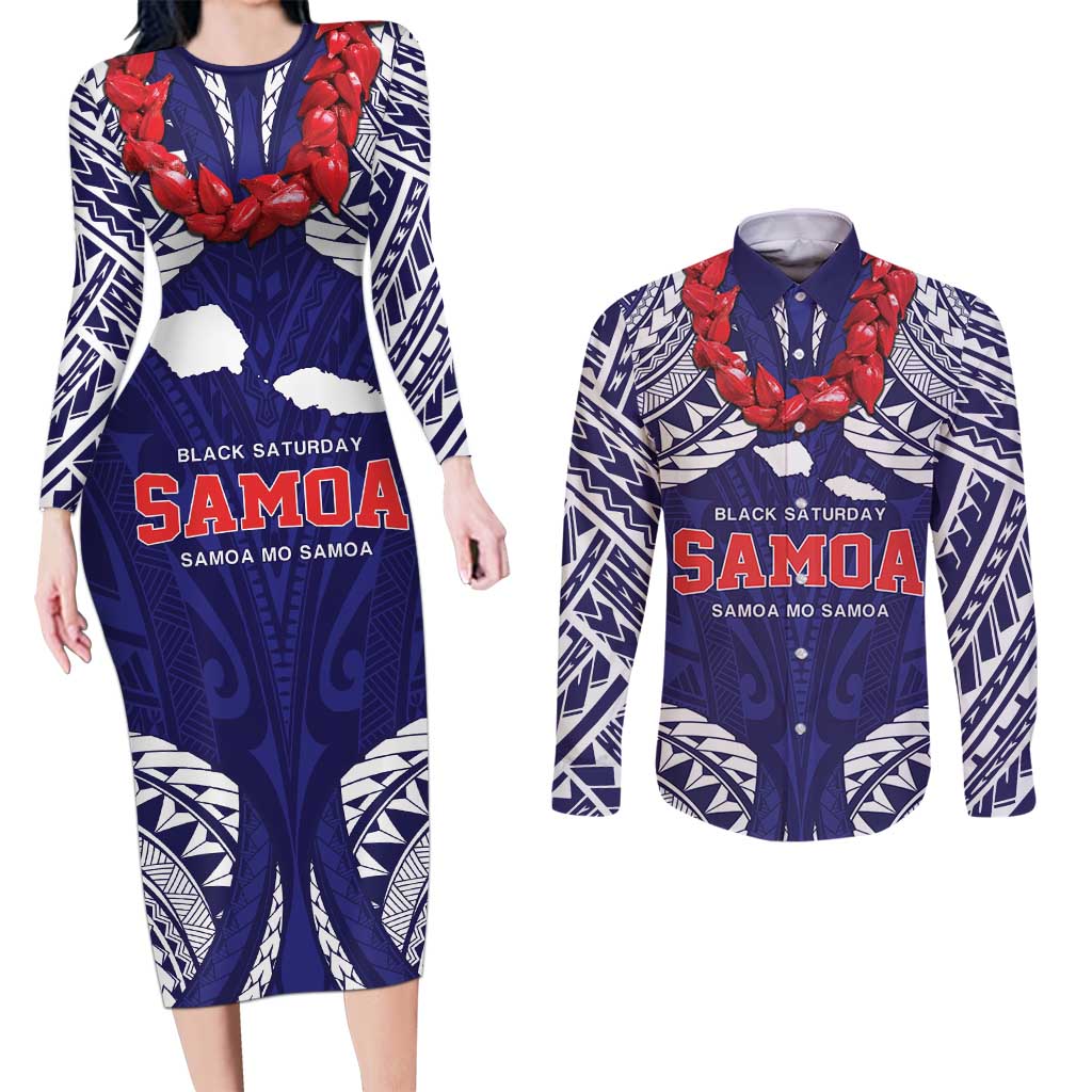 Samoa Black Saturday Couples Matching Long Sleeve Bodycon Dress and Long Sleeve Button Shirt Samoa mo Samoa with Blue Ula Fala