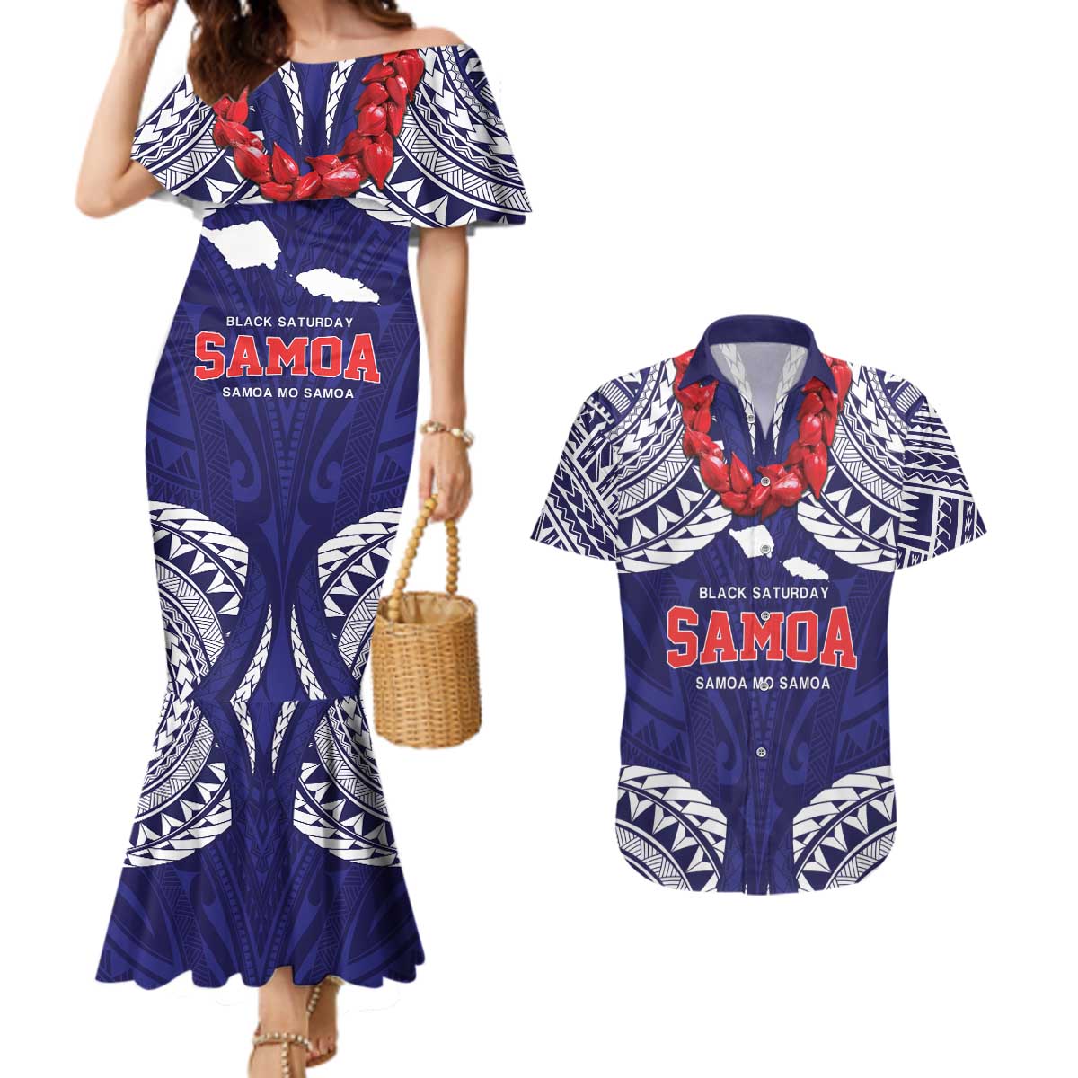 Samoa Black Saturday Couples Matching Mermaid Dress and Hawaiian Shirt Samoa mo Samoa with Blue Ula Fala