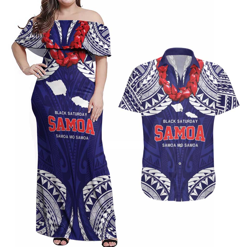 Samoa Black Saturday Couples Matching Off Shoulder Maxi Dress and Hawaiian Shirt Samoa mo Samoa with Blue Ula Fala