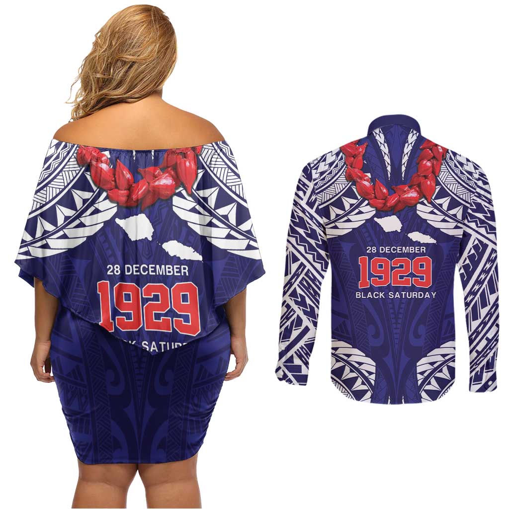 Samoa Black Saturday Couples Matching Off Shoulder Short Dress and Long Sleeve Button Shirt Samoa mo Samoa with Blue Ula Fala