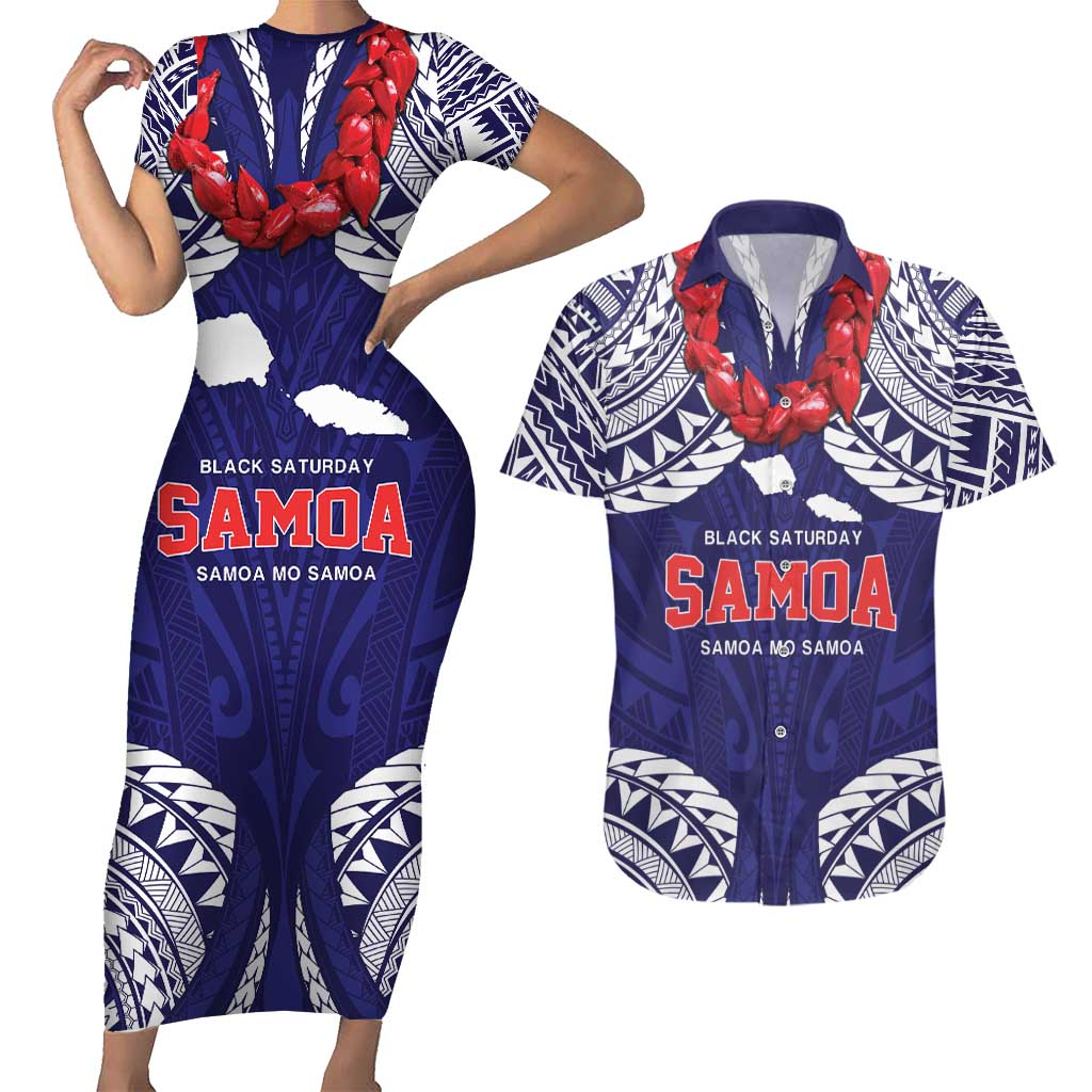 Samoa Black Saturday Couples Matching Short Sleeve Bodycon Dress and Hawaiian Shirt Samoa mo Samoa with Blue Ula Fala