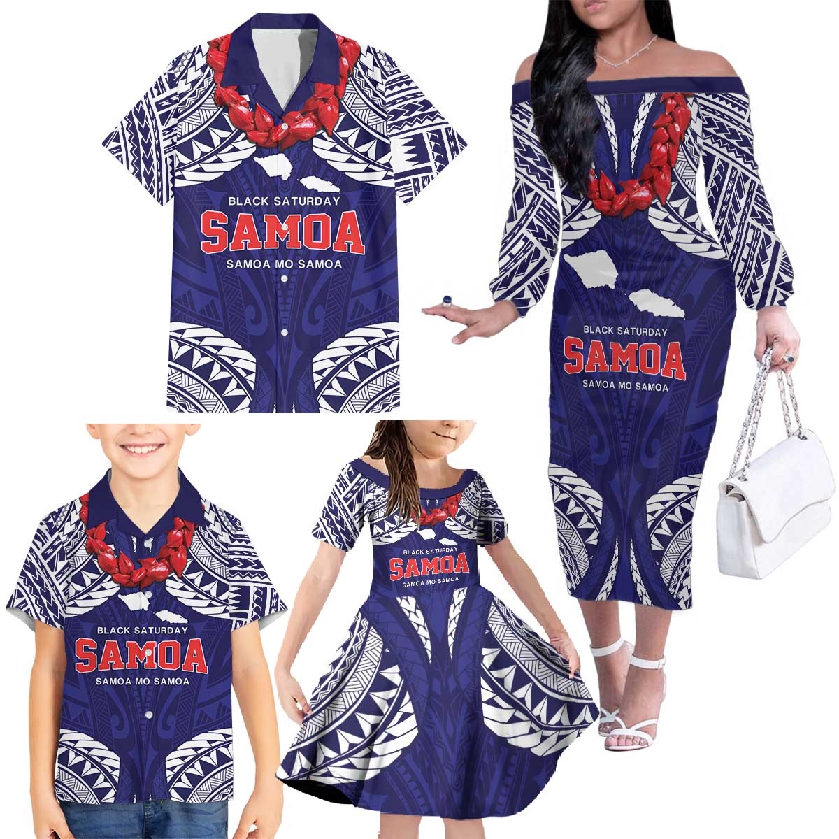 Samoa Black Saturday Family Matching Off The Shoulder Long Sleeve Dress and Hawaiian Shirt Samoa mo Samoa with Blue Ula Fala