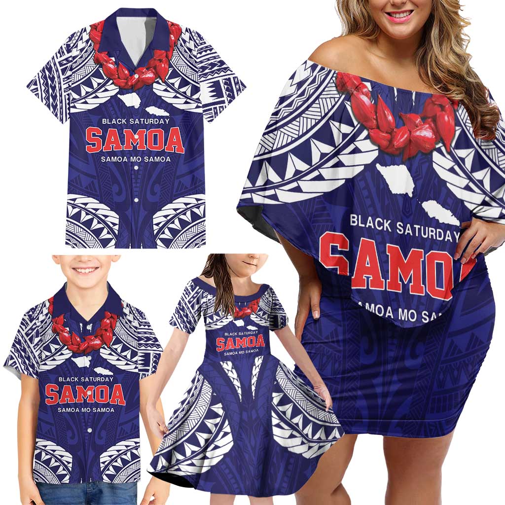 Samoa Black Saturday Family Matching Off Shoulder Short Dress and Hawaiian Shirt Samoa mo Samoa with Blue Ula Fala