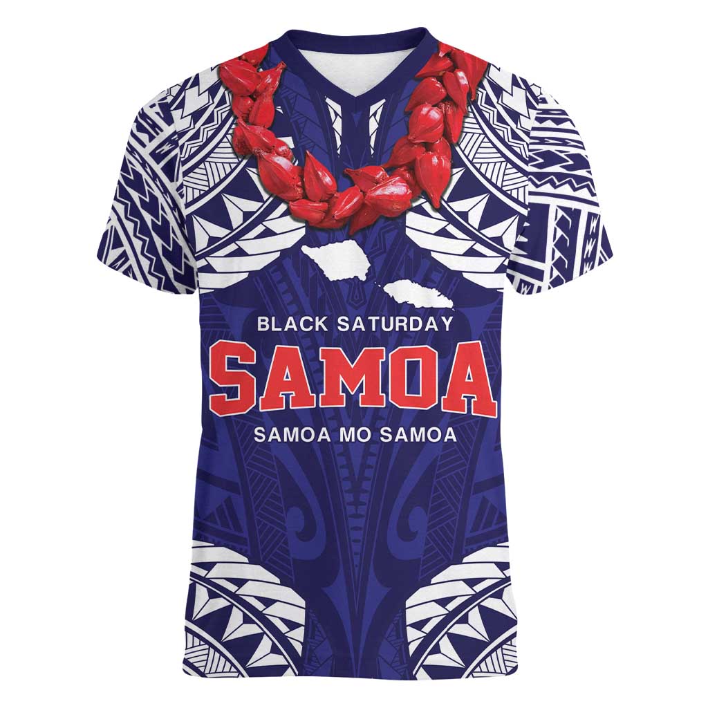 Samoa Black Saturday Women V-Neck T-Shirt Samoa mo Samoa with Blue Ula Fala