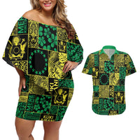 Cook Islands Mere Kiritimiti Couples Matching Off Shoulder Short Dress and Hawaiian Shirt Pacific Patchwork Xmas Vibes - Polynesian Pride
