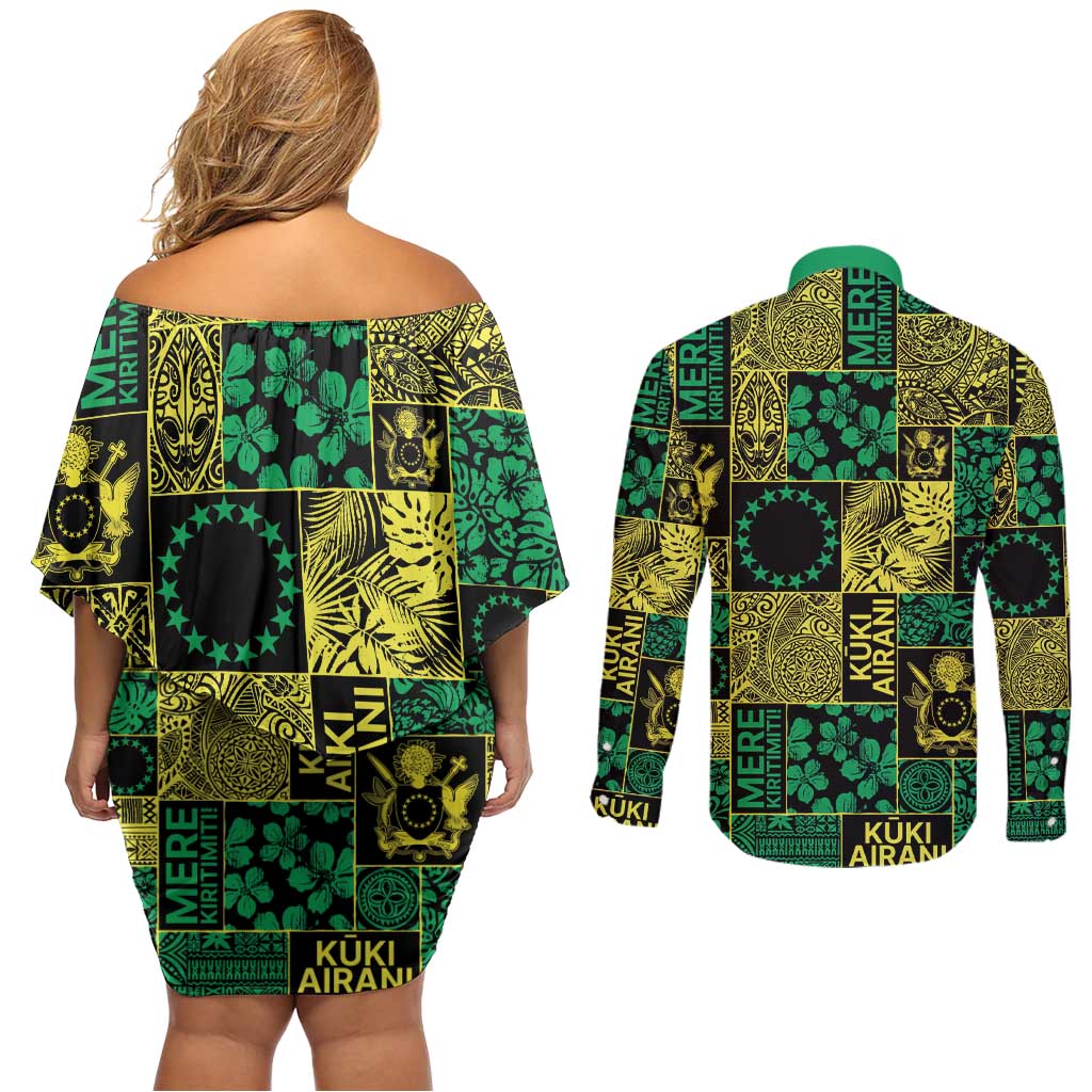 Cook Islands Mere Kiritimiti Couples Matching Off Shoulder Short Dress and Long Sleeve Button Shirt Pacific Patchwork Xmas Vibes - Polynesian Pride