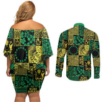 Cook Islands Mere Kiritimiti Couples Matching Off Shoulder Short Dress and Long Sleeve Button Shirt Pacific Patchwork Xmas Vibes - Polynesian Pride