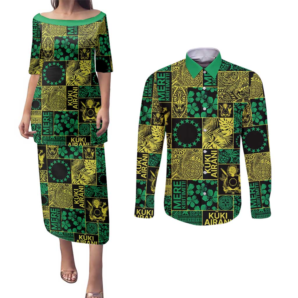 Cook Islands Mere Kiritimiti Couples Matching Puletasi and Long Sleeve Button Shirt Pacific Patchwork Xmas Vibes - Polynesian Pride
