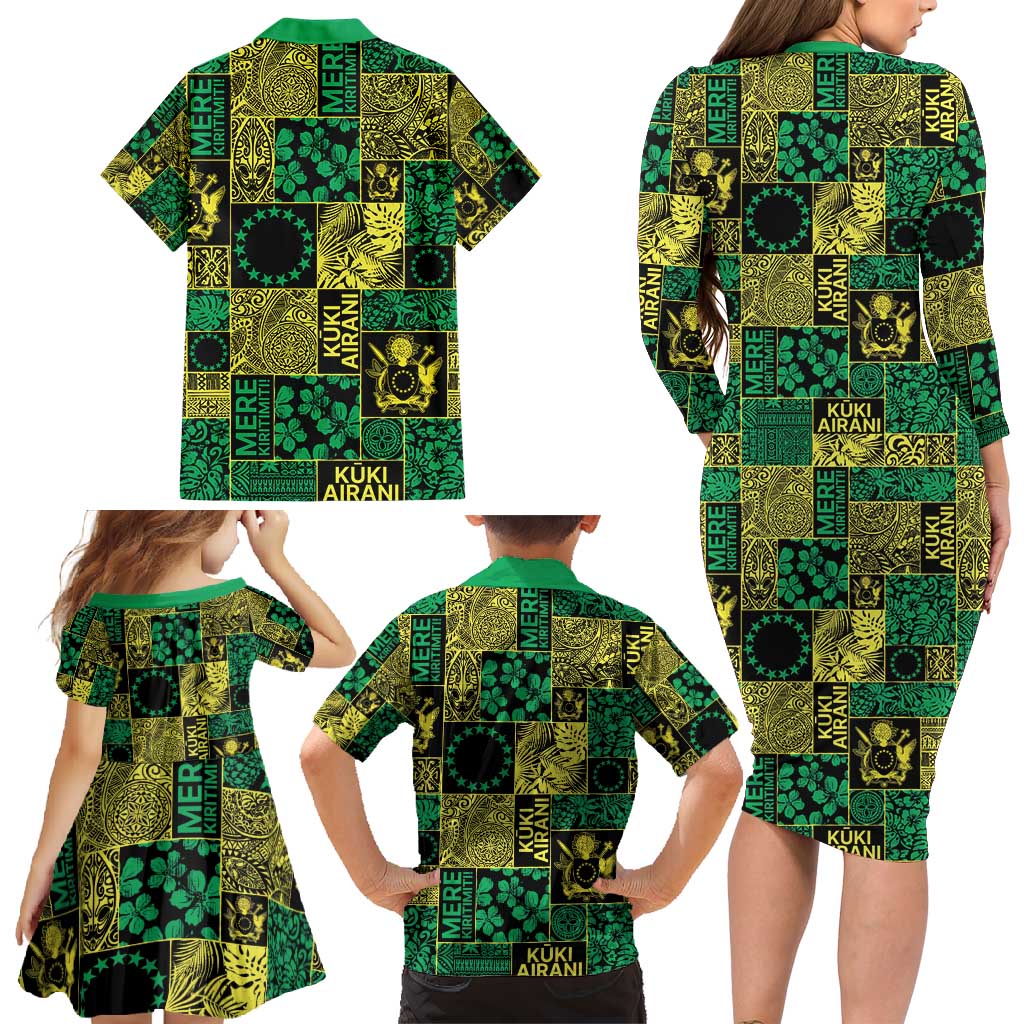 Cook Islands Mere Kiritimiti Family Matching Long Sleeve Bodycon Dress and Hawaiian Shirt Pacific Patchwork Xmas Vibes - Polynesian Pride