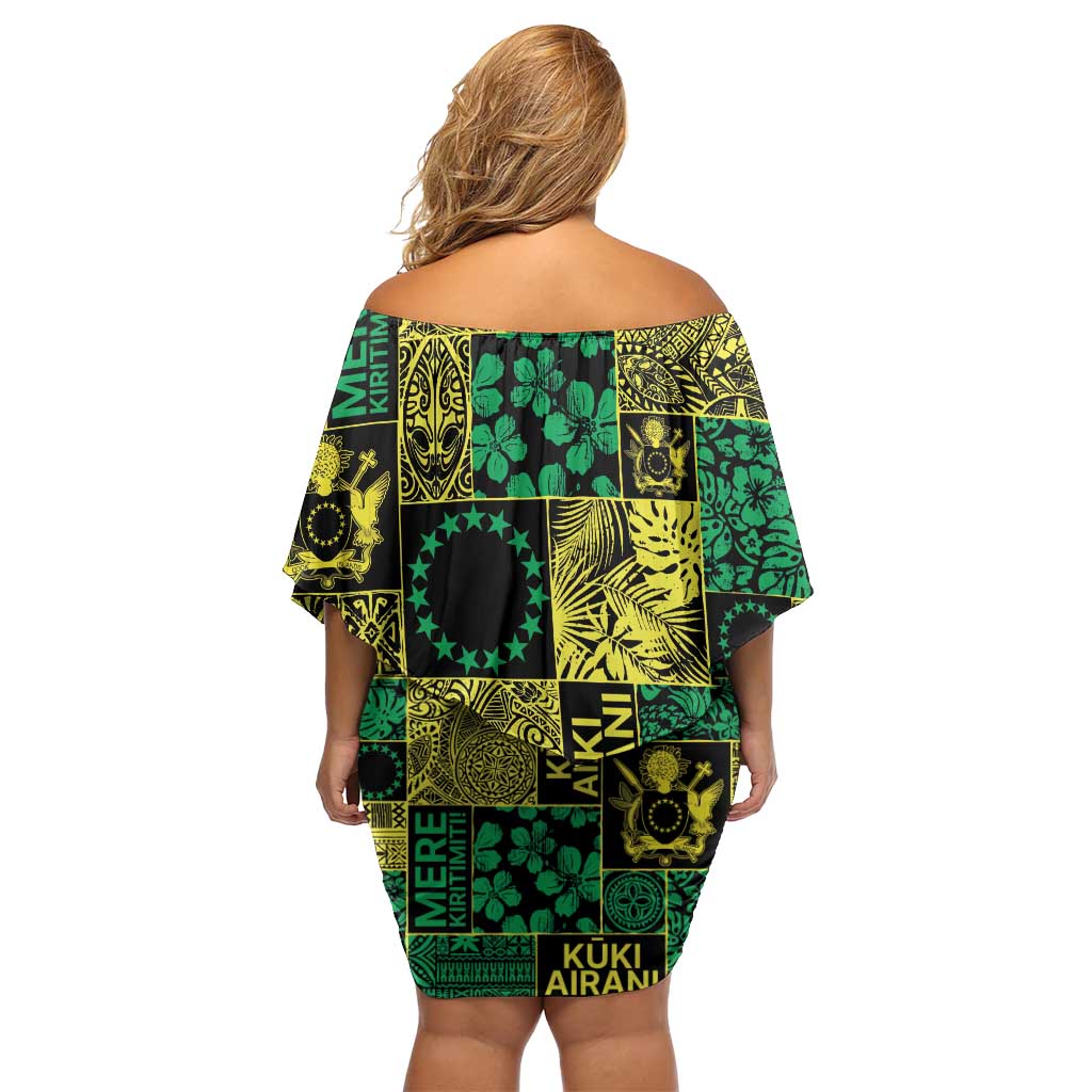 Cook Islands Mere Kiritimiti Family Matching Off Shoulder Short Dress and Hawaiian Shirt Pacific Patchwork Xmas Vibes - Polynesian Pride