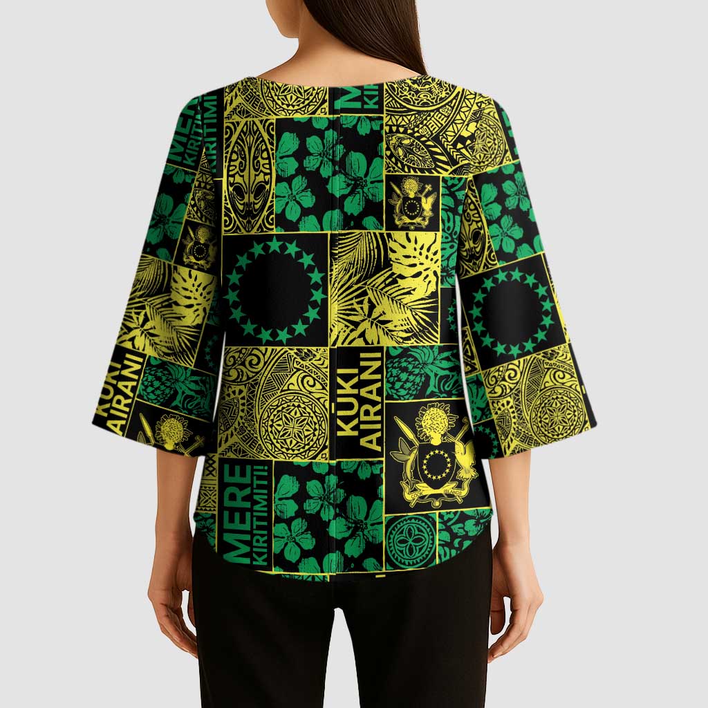 Cook Islands Mere Kiritimiti Kimono Sleeve Blouse Pacific Patchwork Xmas Vibes - Polynesian Pride