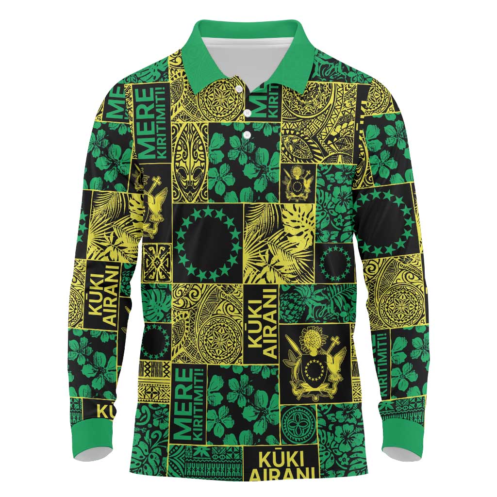 Cook Islands Mere Kiritimiti Long Sleeve Polo Shirt Pacific Patchwork Xmas Vibes - Polynesian Pride