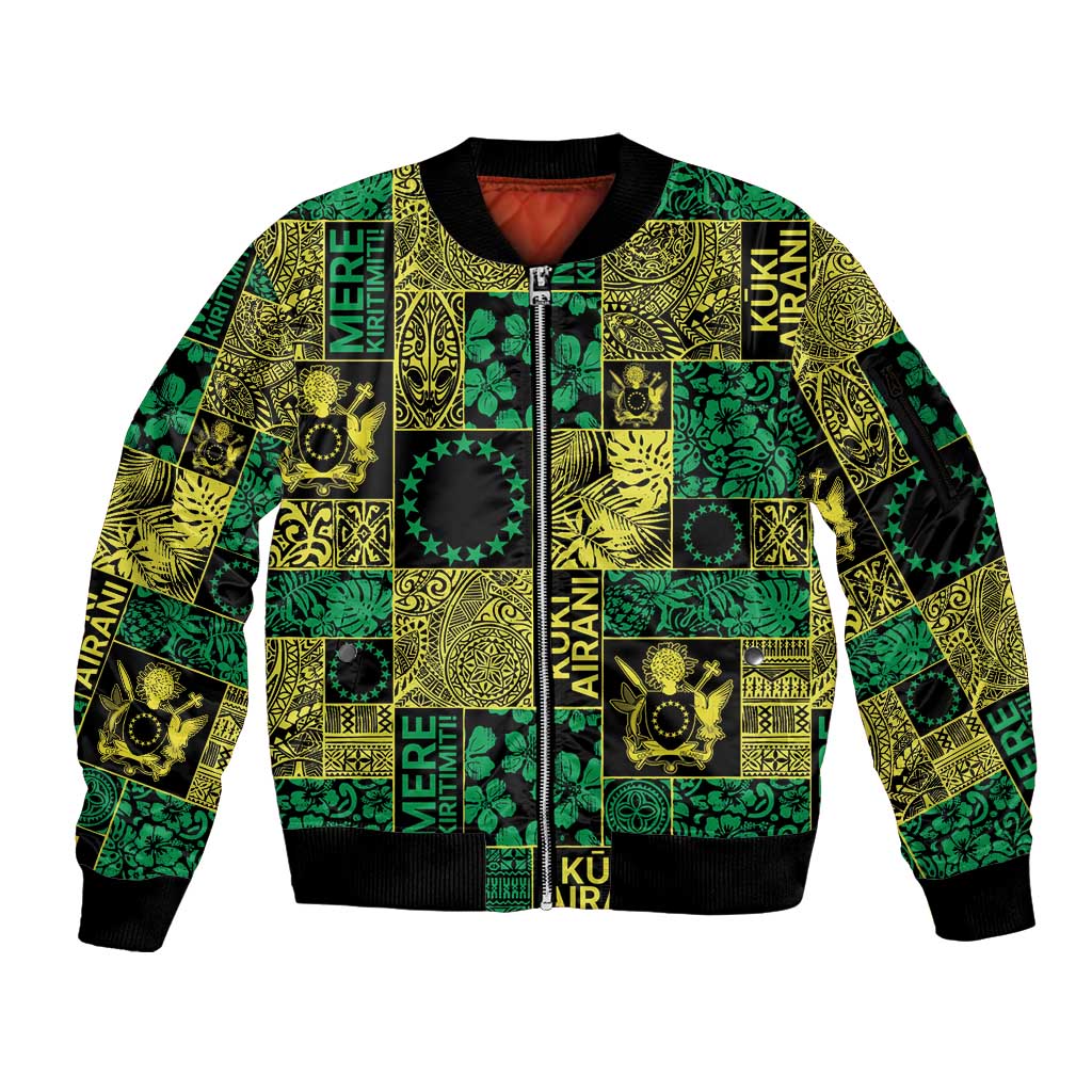 Cook Islands Mere Kiritimiti Sleeve Zip Bomber Jacket Pacific Patchwork Xmas Vibes - Polynesian Pride