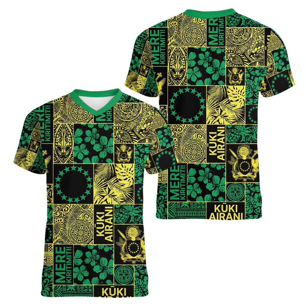 Cook Islands Mere Kiritimiti Women V-Neck T-Shirt Pacific Patchwork Xmas Vibes - Polynesian Pride