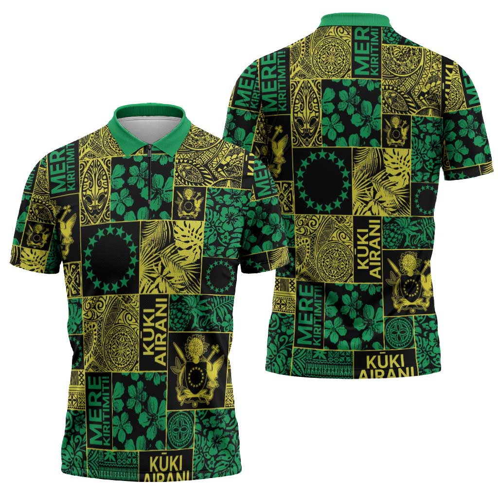 Cook Islands Mere Kiritimiti Zipper Polo Shirt Pacific Patchwork Xmas Vibes - Polynesian Pride