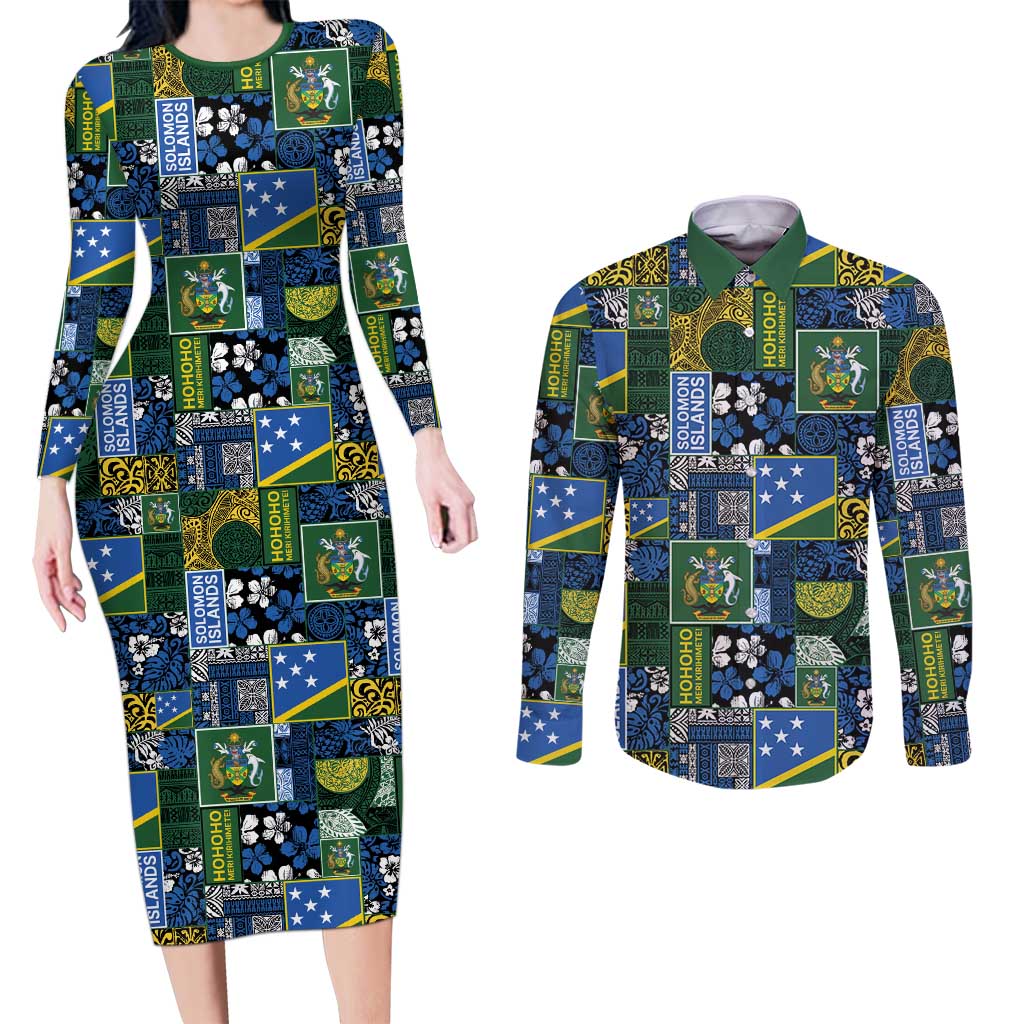 Solomon Islands Meri Kirihimete Couples Matching Long Sleeve Bodycon Dress and Long Sleeve Button Shirt Pacific Patchwork Xmas Vibes - Polynesian Pride