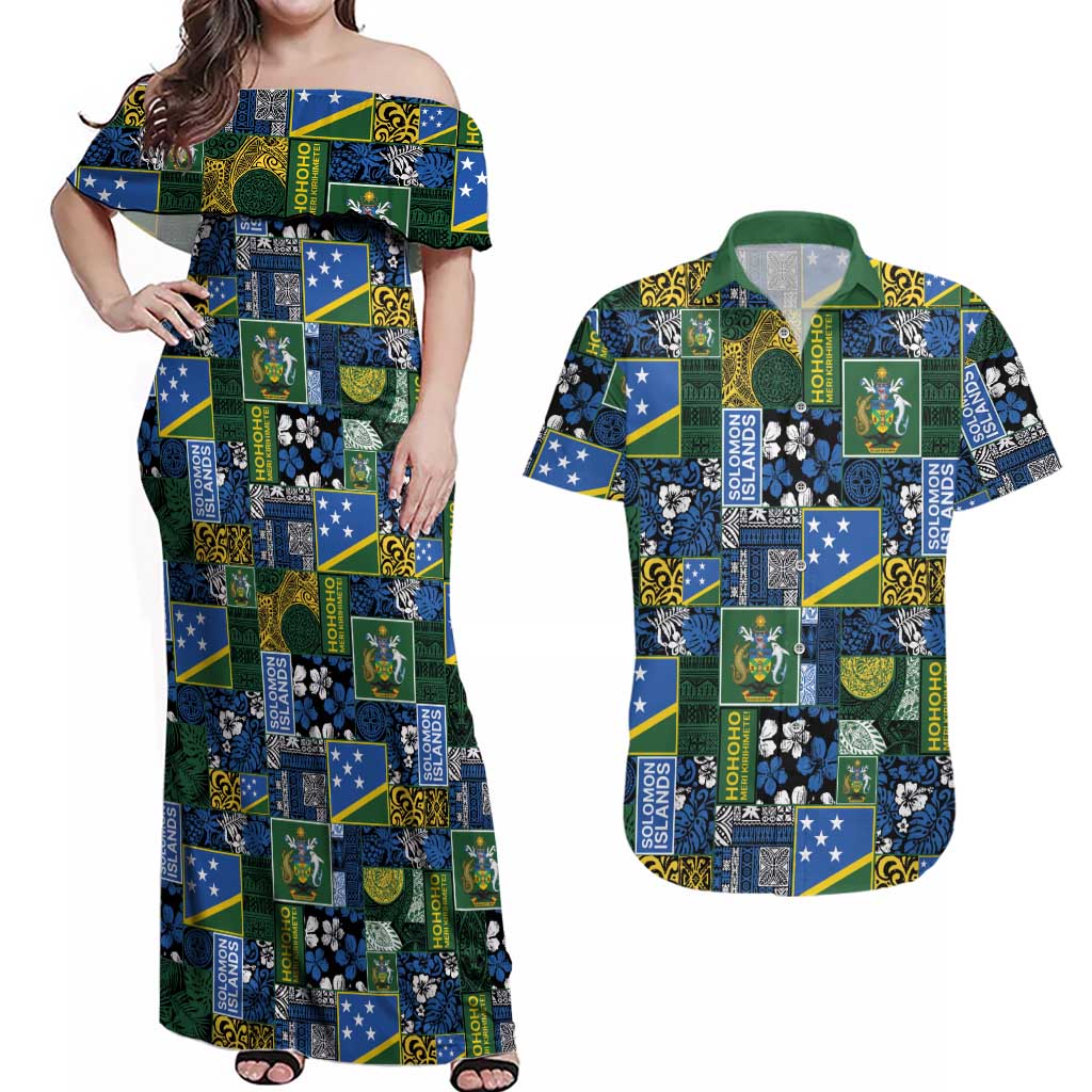 Solomon Islands Meri Kirihimete Couples Matching Off Shoulder Maxi Dress and Hawaiian Shirt Pacific Patchwork Xmas Vibes LT9 Blue - Polynesian Pride