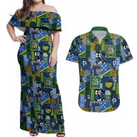 Solomon Islands Meri Kirihimete Couples Matching Off Shoulder Maxi Dress and Hawaiian Shirt Pacific Patchwork Xmas Vibes LT9 Blue - Polynesian Pride