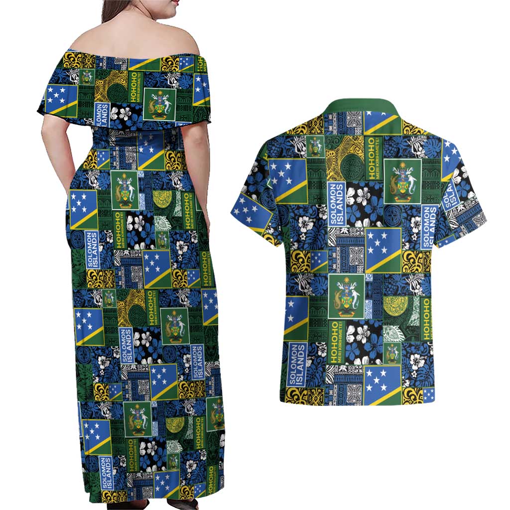 Solomon Islands Meri Kirihimete Couples Matching Off Shoulder Maxi Dress and Hawaiian Shirt Pacific Patchwork Xmas Vibes LT9 - Polynesian Pride