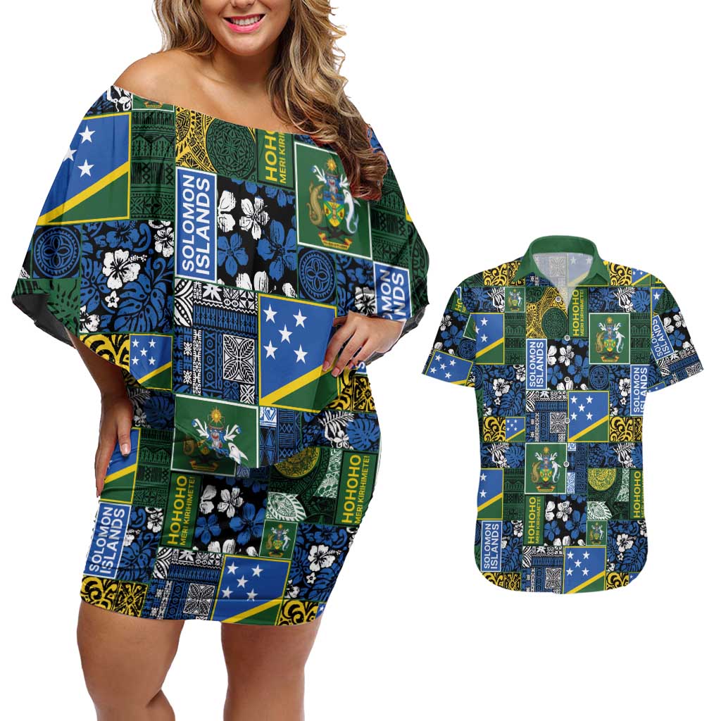 Solomon Islands Meri Kirihimete Couples Matching Off Shoulder Short Dress and Hawaiian Shirt Pacific Patchwork Xmas Vibes LT9 Blue - Polynesian Pride