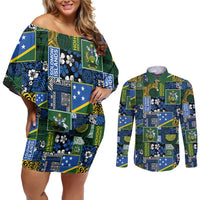 Solomon Islands Meri Kirihimete Couples Matching Off Shoulder Short Dress and Long Sleeve Button Shirt Pacific Patchwork Xmas Vibes - Polynesian Pride