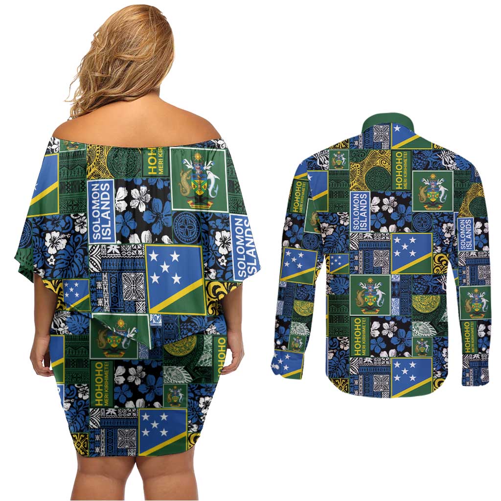 Solomon Islands Meri Kirihimete Couples Matching Off Shoulder Short Dress and Long Sleeve Button Shirt Pacific Patchwork Xmas Vibes - Polynesian Pride