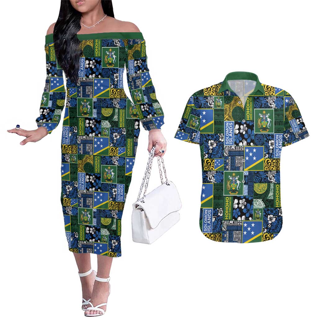 Solomon Islands Meri Kirihimete Couples Matching Off The Shoulder Long Sleeve Dress and Hawaiian Shirt Pacific Patchwork Xmas Vibes - Polynesian Pride