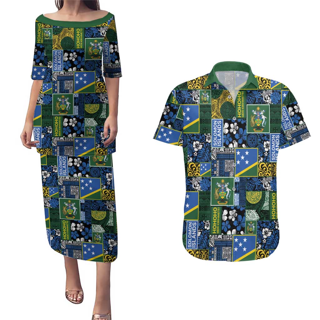 Solomon Islands Meri Kirihimete Couples Matching Puletasi and Hawaiian Shirt Pacific Patchwork Xmas Vibes LT9 Blue - Polynesian Pride