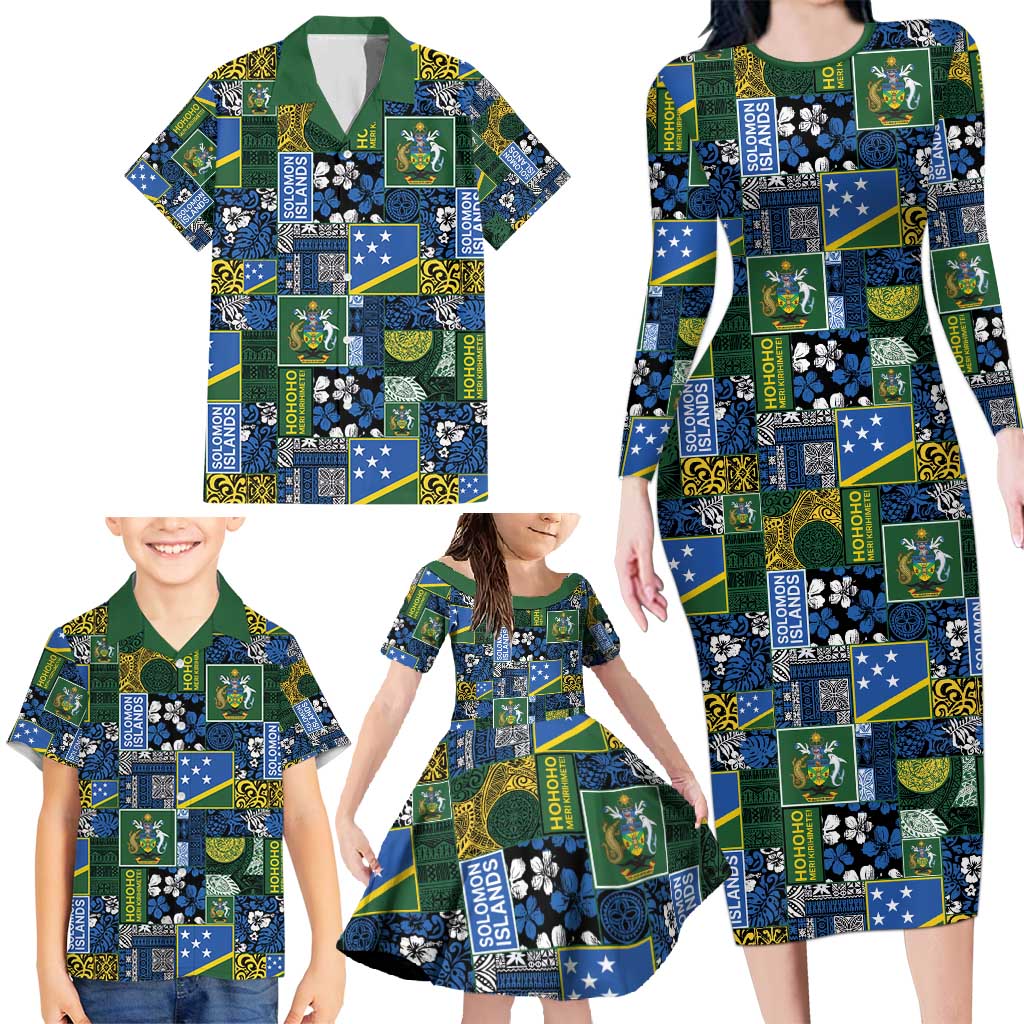 Solomon Islands Meri Kirihimete Family Matching Long Sleeve Bodycon Dress and Hawaiian Shirt Pacific Patchwork Xmas Vibes - Polynesian Pride