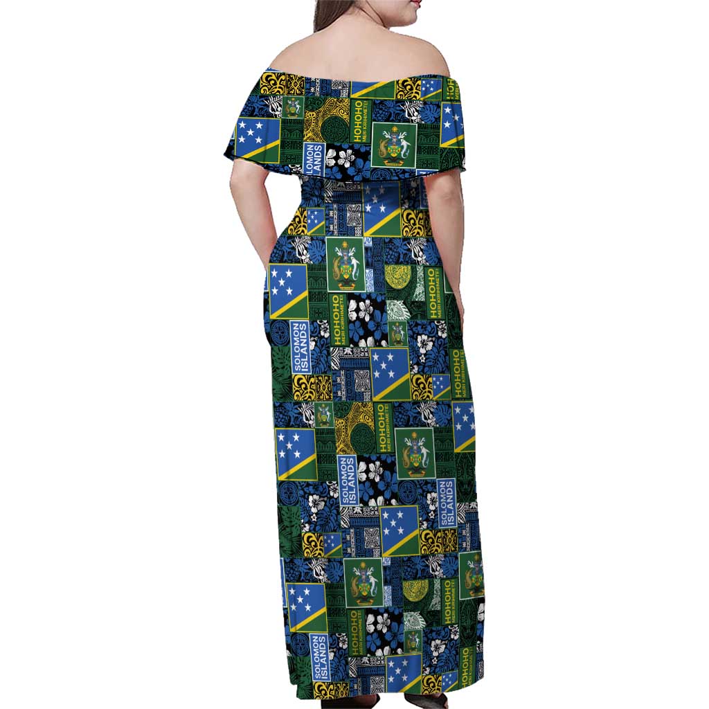Solomon Islands Meri Kirihimete Family Matching Off Shoulder Maxi Dress and Hawaiian Shirt Pacific Patchwork Xmas Vibes - Polynesian Pride