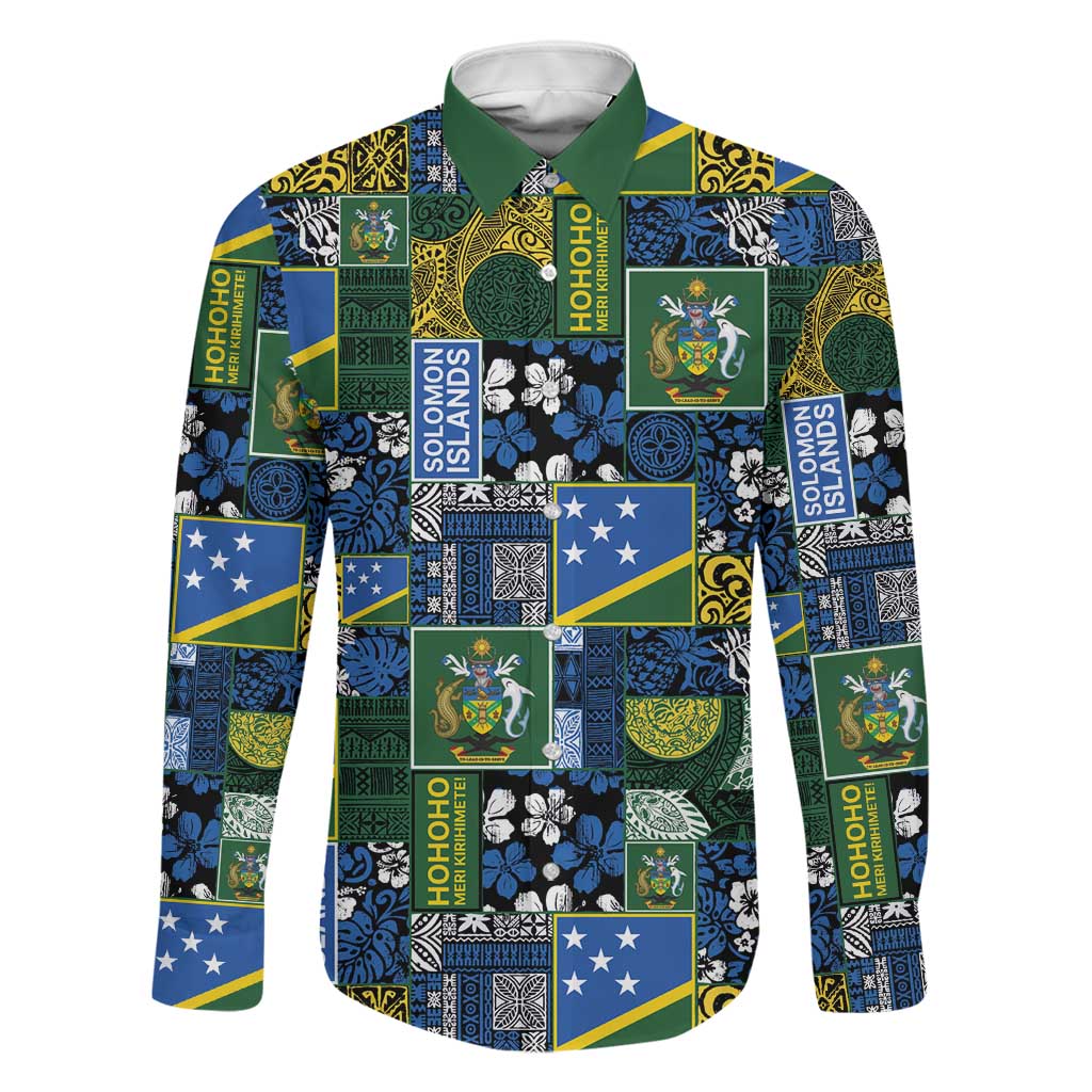 Solomon Islands Meri Kirihimete Family Matching Puletasi and Hawaiian Shirt Pacific Patchwork Xmas Vibes LT9 Dad's Shirt - Long Sleeve Blue - Polynesian Pride